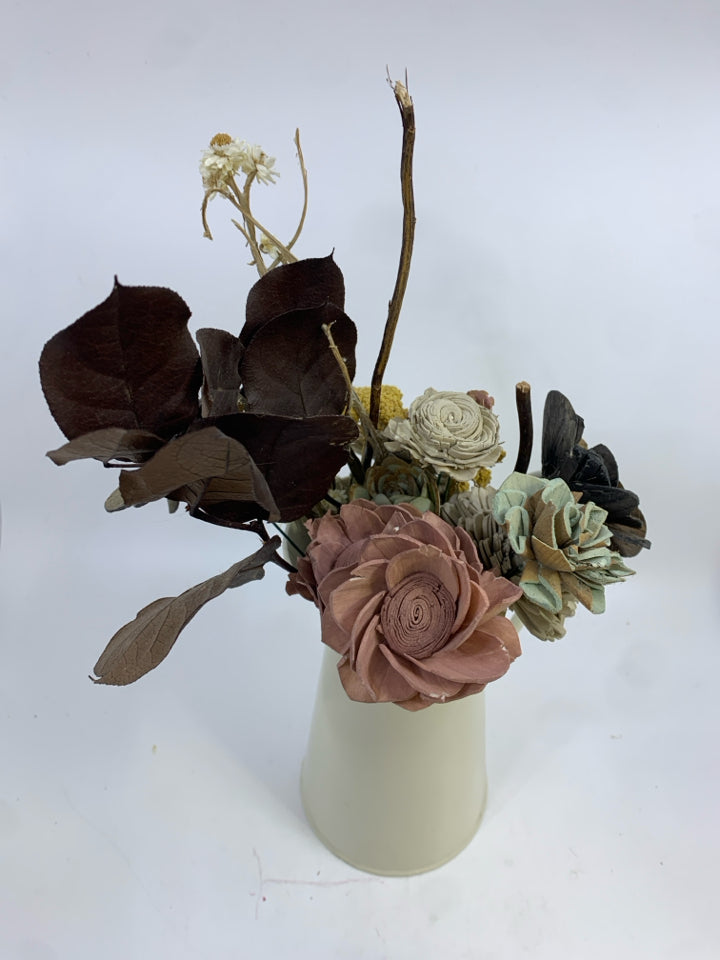 WOOD FLORALS IN CREAM METAL PITCHER.