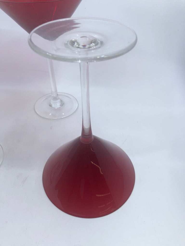 4 BRIGHT RED MARTINI GLASSES.