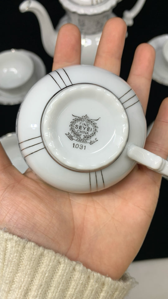 13PC FINE CHINA TEASET WHITE W/SILVER RIM.