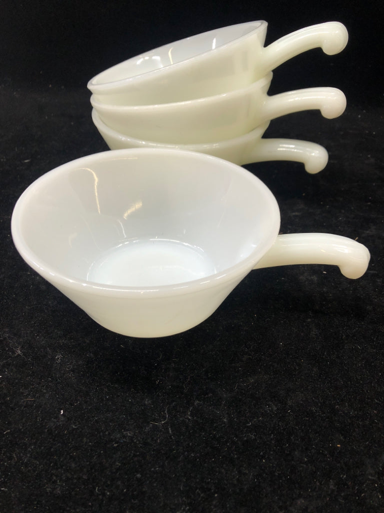 4 VTG MILK GLASS SOUP BOWLS W/ SIDE HANDLES.