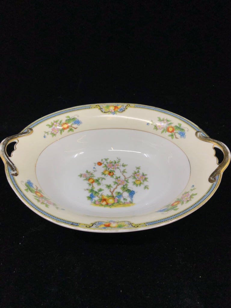 VTG FRUIT PAINTED SERVING BOWL W/GOLD DETAILS.