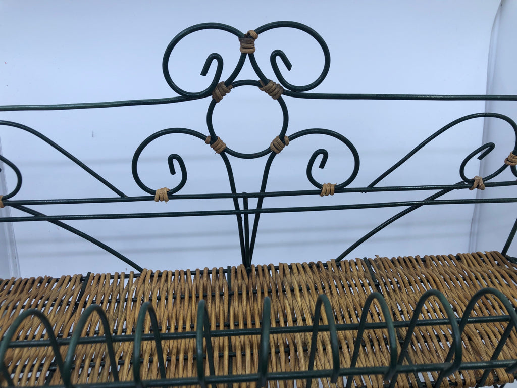 2 TIER GREEN METAL WALL SHELF W/ WICKER BOTTOM.