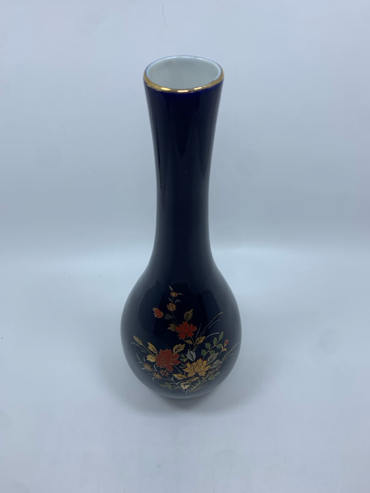 BLUE VASE W/GOLD FLORALS.