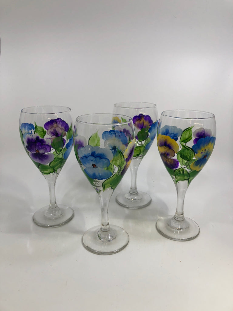 4 PANSY PAINTED WINE GLASSES.