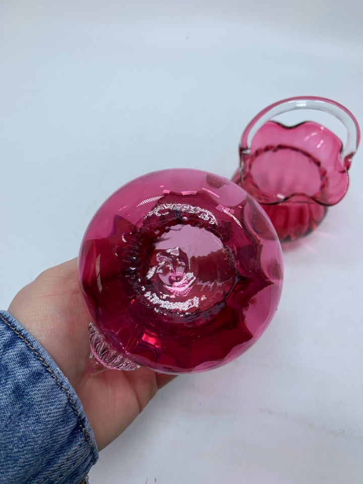 VTG RED GLASS CREAM + SUGAR BOWL.