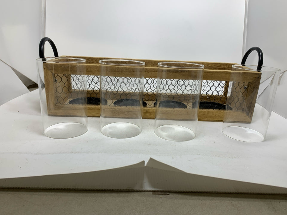 4 SLOT PILLAR CANDLE HOLDER GLASS INSERTS CHICKEN WIRE/WOOD & HANDLES.