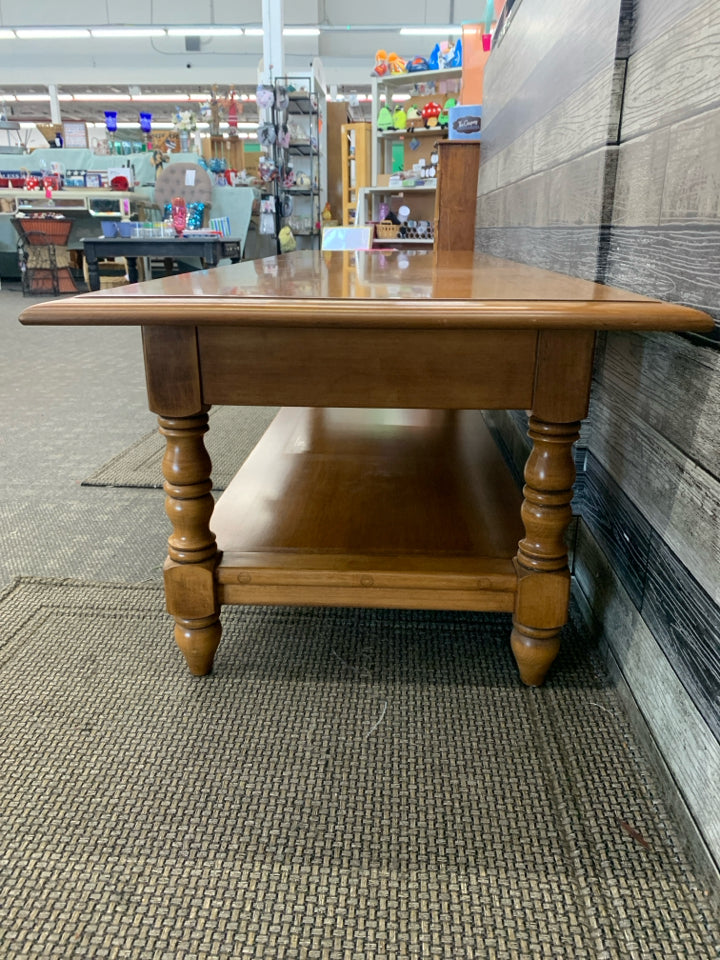 BLONDE WOOD 2 TIER COFFEE TABLE W/ DRAWER- CONANT BALL FURNITURE.