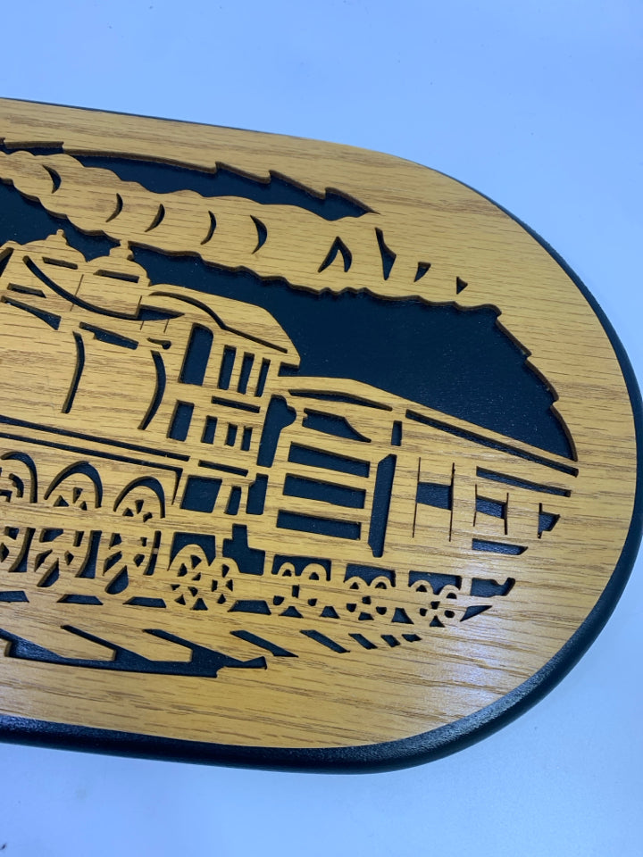 WOOD CARVED TRAIN ON BLACK WOOD BACKGROUND WALL DECOR.