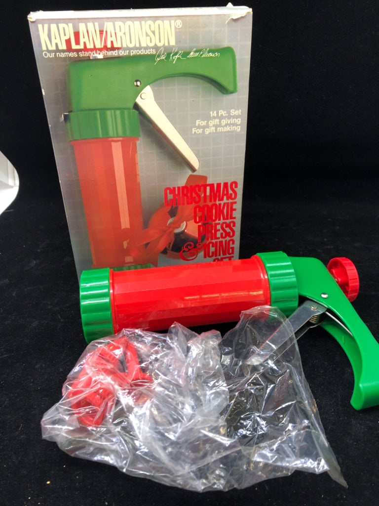 NIB CHRISTMAS COOKIE PRESS & ICING SET KAPLAN/ARONSON.