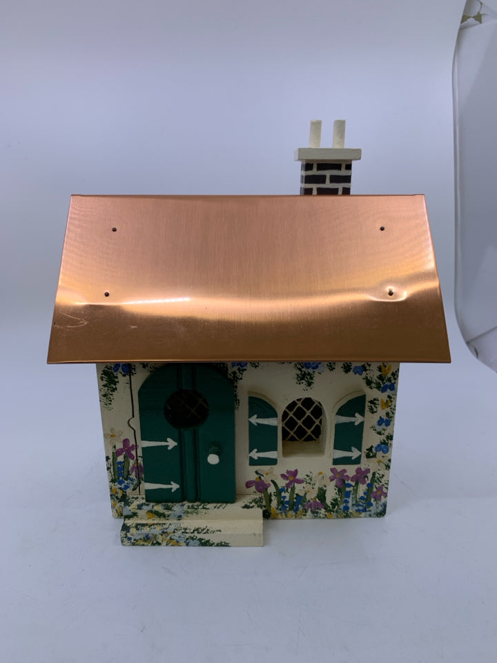 HANDMADE PAINTED DECORATIVE BIRD HOUSE W/ COPPER ROOF & MUSIC BOX BY KAREN PENNE