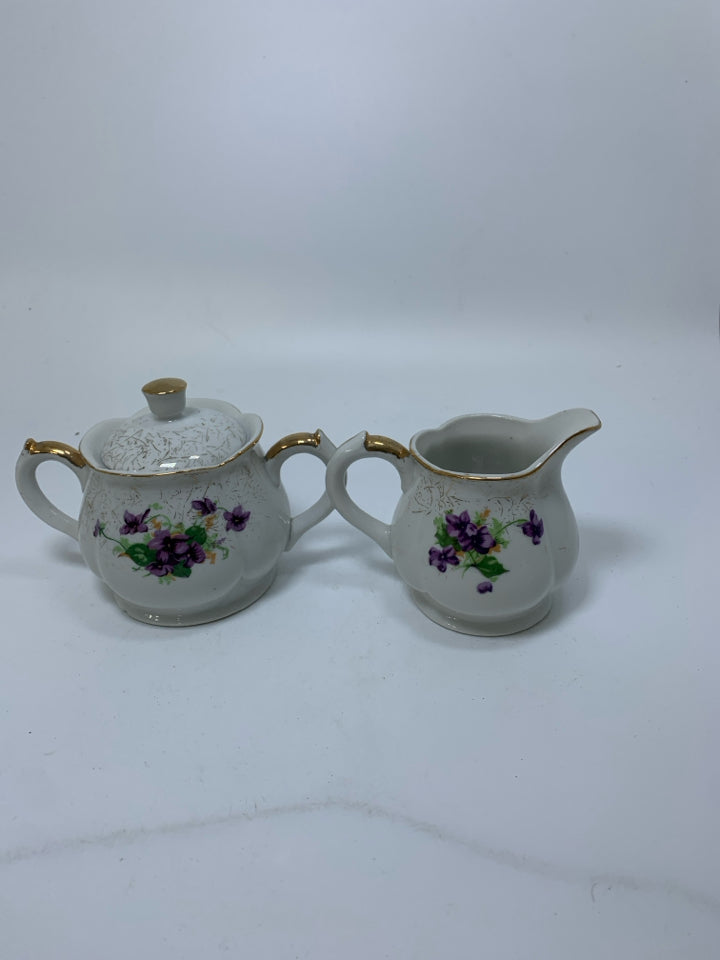VTG PURPLE FLOWERS SUGAR/CREAMER W/ GOLD EDGES.