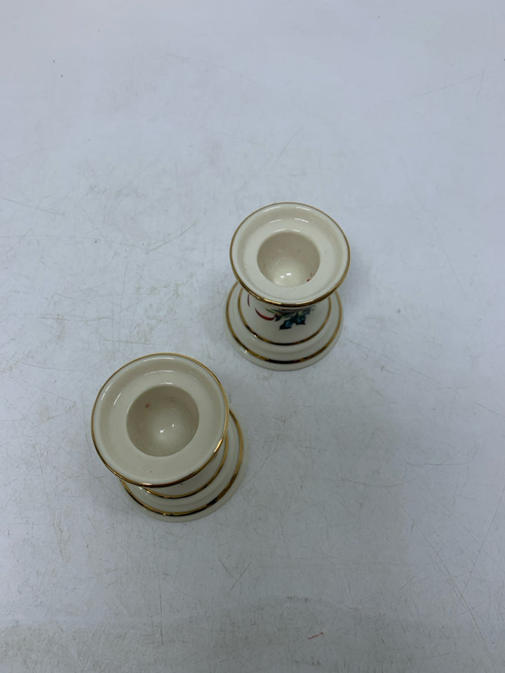 2 LENOX WINTER GREETING SHORT TAPERED CANDLE HOLDERS RED RIBBON.