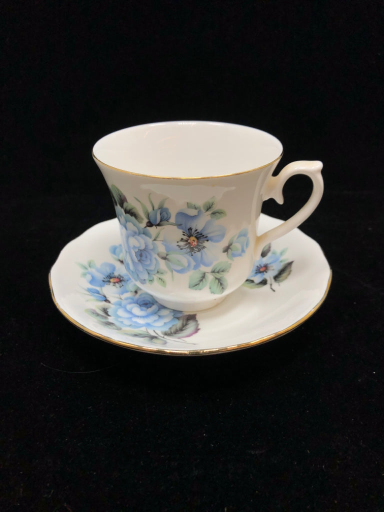VTG BLUE BOUQUET TEACUP & SAUCER - QUEEN ANNE.