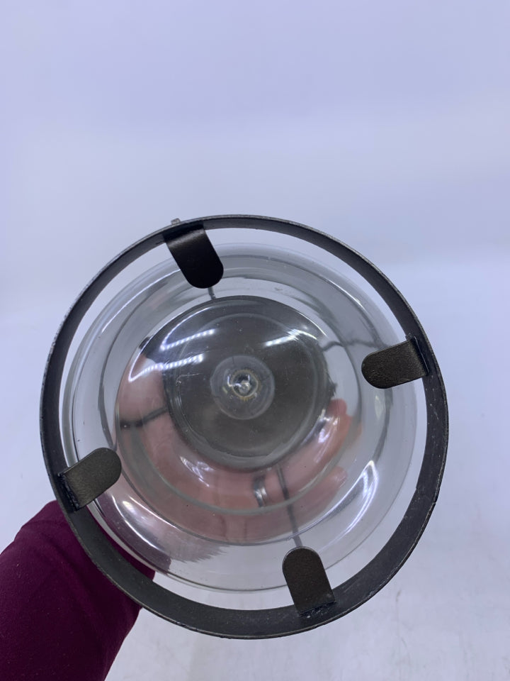 GREY METAL W/ GLASS BATTERY POWERED LANTERN.