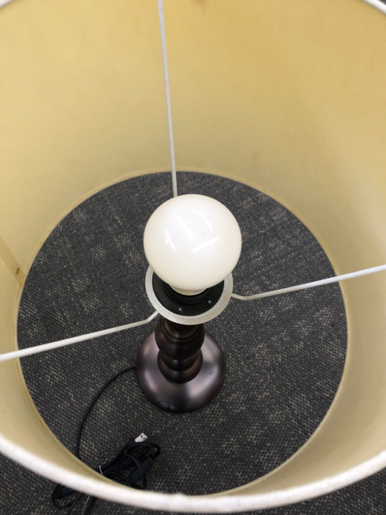 BRONZE-FINISHED STACKED LAMP W/BARREL SHADE.