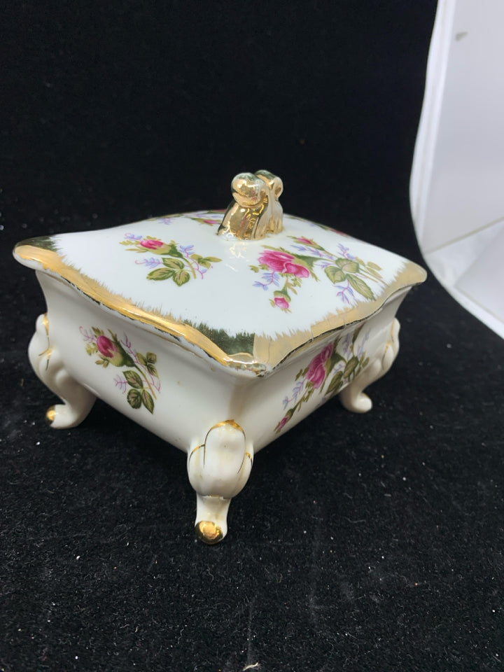 VTG ROSE W GOLD FOOTED TRINKET BOX AND LID.