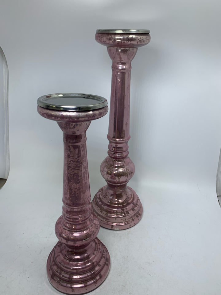 2 TALL MERCURY GLASS PILLAR CANDLE HOLDER.