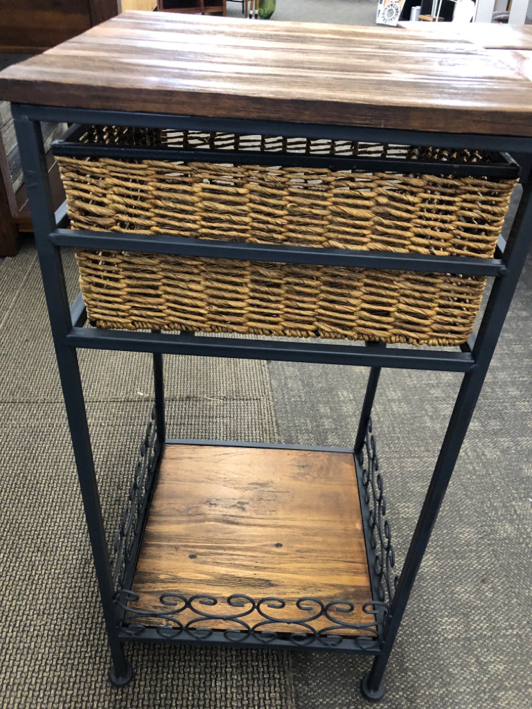 2 TIER SQUARE SIDE TABLE W/ WICKER DRAWER METAL LEGS.