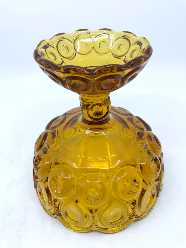 VTG FOOTED AMBER GLASS EMBOSSED CANDY DISH.