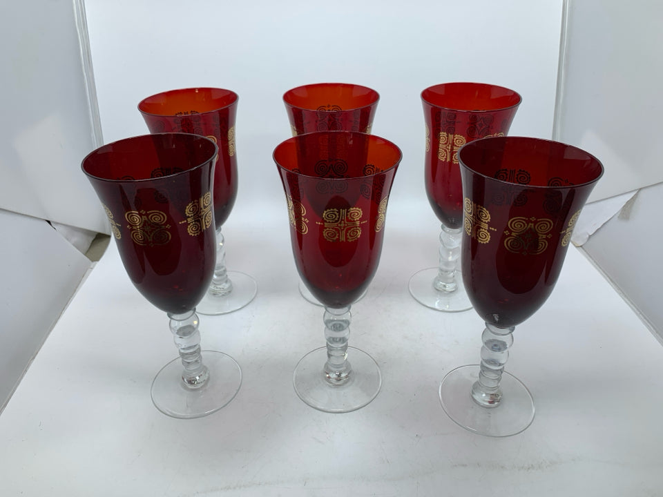 6 RUBY & GOLD TALL GOBLETS.