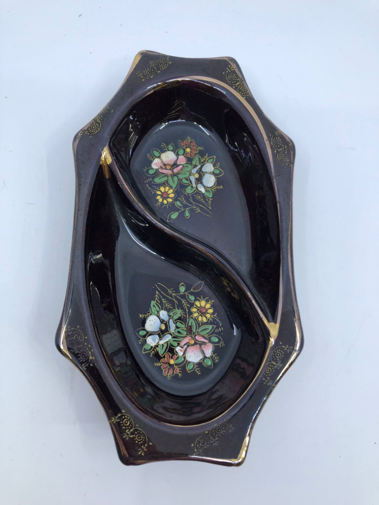 VTG BROWN DIVIDED FLORAL BOWL.