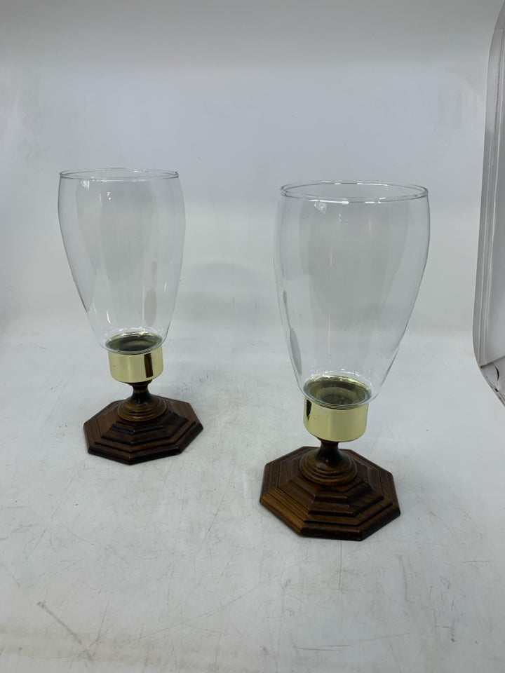 2 WOOD BASE W/ CLEAR GLASS SHADED TAPERED CORNWALL.