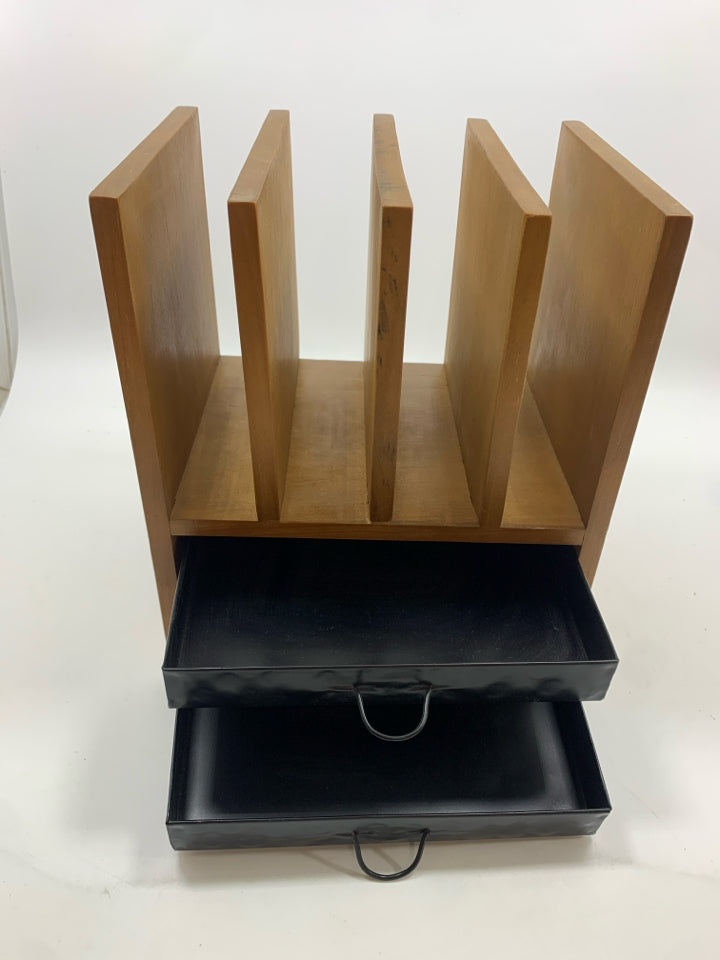 WOOD DESKTOP LETTER ORGANIZER W/2 METAL DRAWERS.