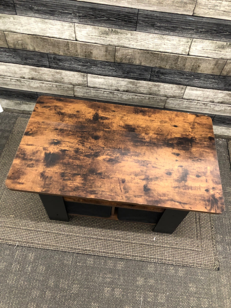 DARK WOOD COFFEE TABLE W/SIDE STORAGE.