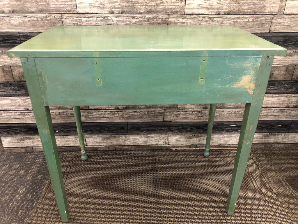 ANTIQUE GREEN PAINTED VANITY/DESK + CHAIR.