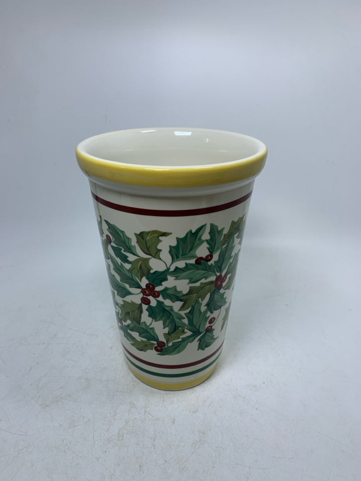 HEAVY LONGABERGER LARGE POTTERY CHRISTMAS AMERICAN HOLLY VASE.