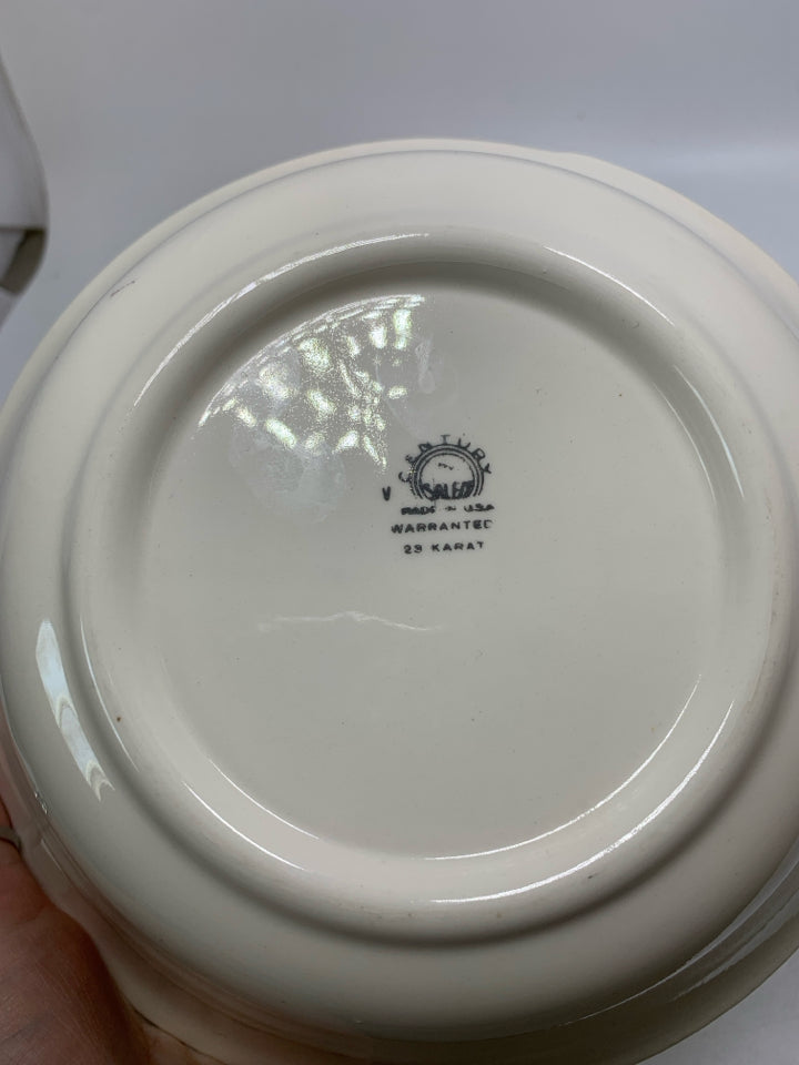 VTG SERVING BOWL W/ TREE COLORFUL FLOWERS IN CENTER GOLD DETAILED EDGE SMALL HAN