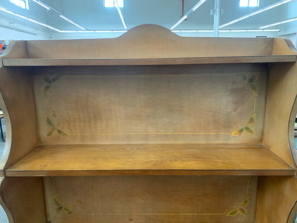 VTG WOOD HUTCH TABLE/ DESK- 3 SHELVES PAINTED LEAVES DETAIL.