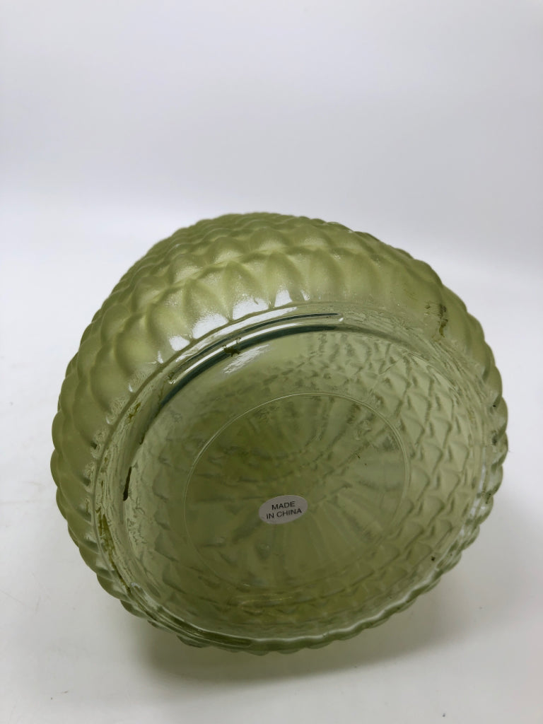 GREEN FROSTED GLASS CANDLE JAR.