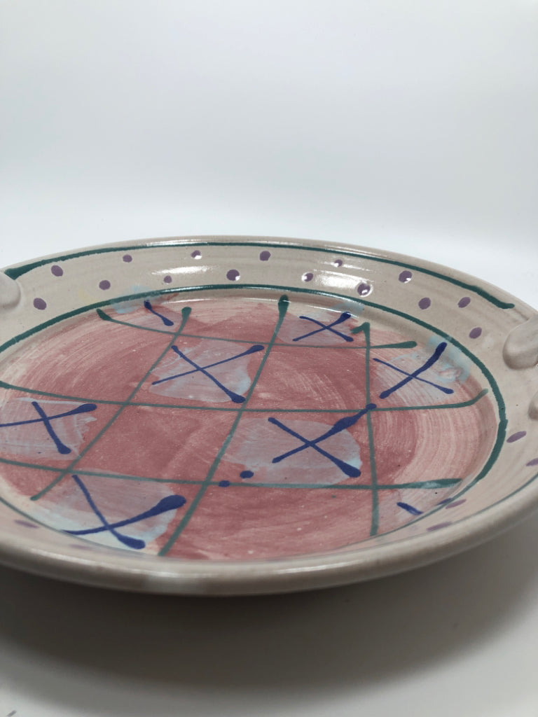MULTICOLORED "X" STONEWARE BOWL W/HANDLES.