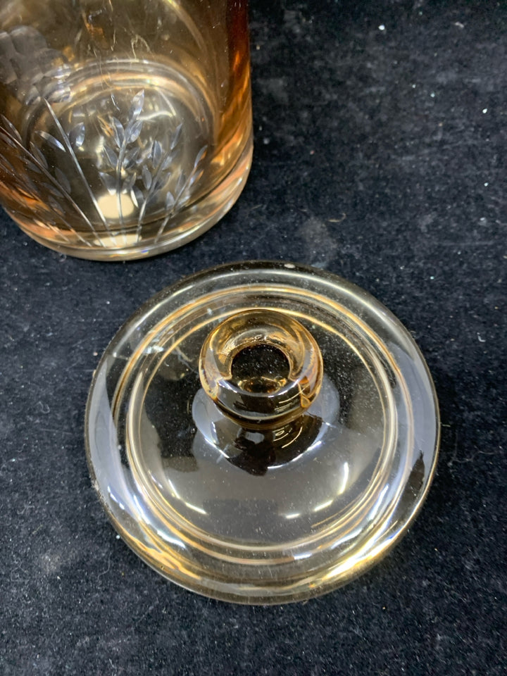 BROWN CLEAR GLASS CANISTER W/ LID.