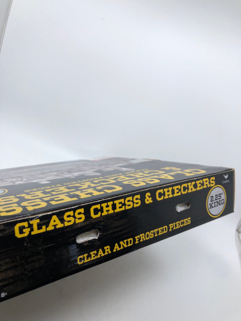 NIB GLASS CHESS CHECKERS SET.