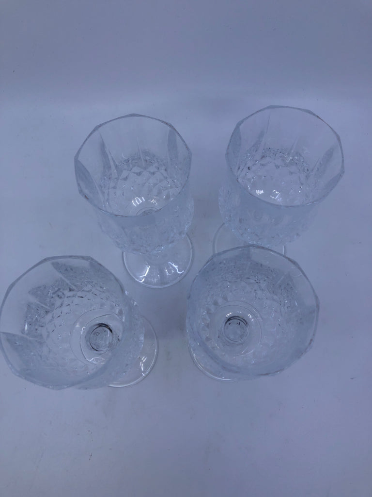 4 CUT GLASS BOTTOM SHORT WINE GLASSES.