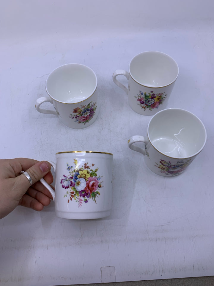 4 VTG WHITE W/ GOLD DETAILS MUGS.