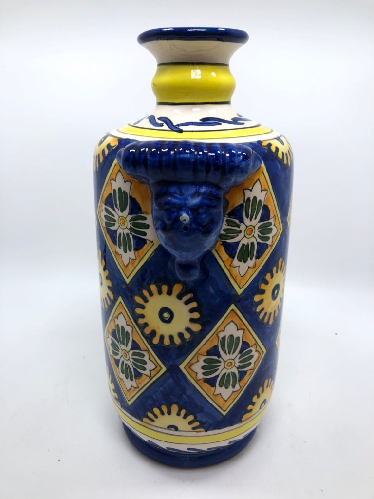 HAND PAINTED BLUE/ORANGE/GREEN/YELLOW VASE.