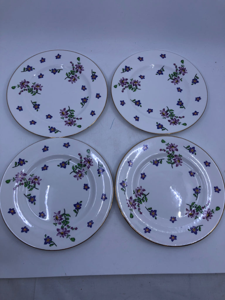 4 VTG LUNCH PLATES W/ PURPLE FLOWERS GOLD EDGE.