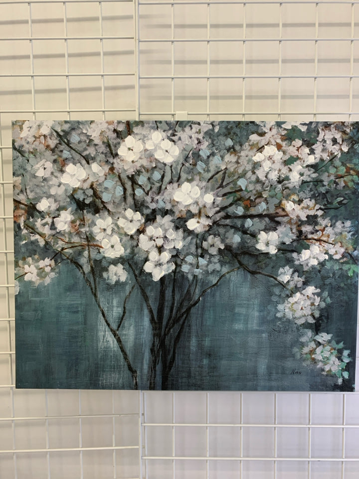DOGWOOD TREE CANVAS PRINT TEAL BACKGROUND.
