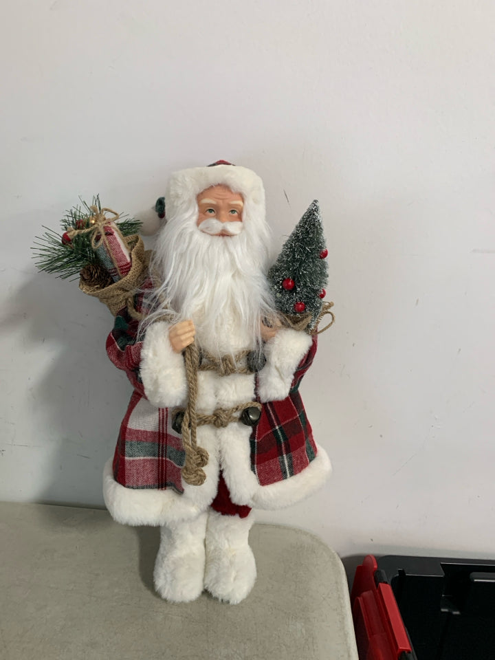 STANDING SANTA RED/GREEN PLAID SUIT W/ WHITE FUZZY BOOTS.