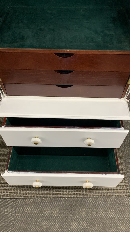 WHITE STORAGE JEWELRY ARMOIRE W/GREEN VELVET INTERIOR.