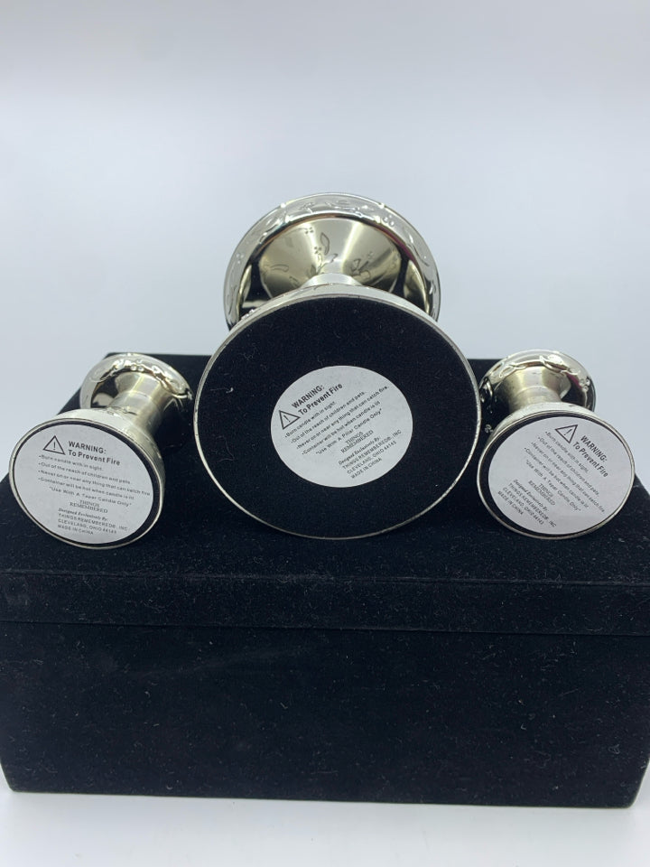 3PC SILVER UNITY CANDLE STICKS FLORAL CRYSTAL DESIGN IN BLACK VELVET BOX.