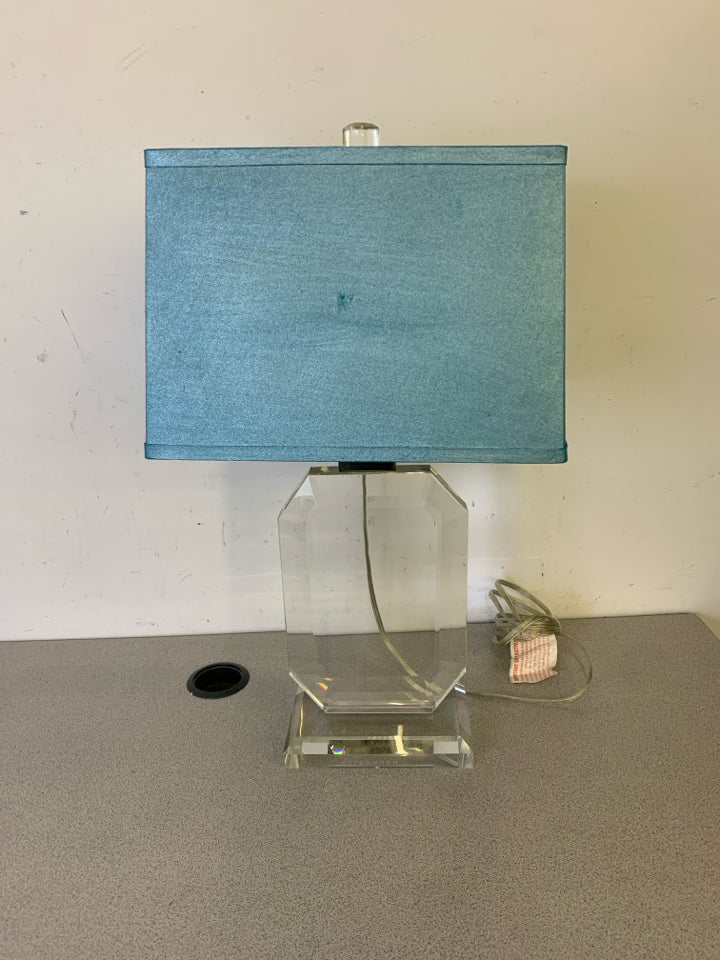LARGE CRYSTAL LAMP W SQUARE BLUE SHADE.