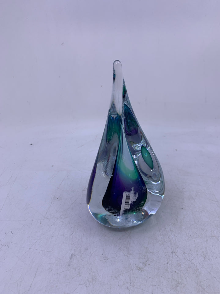 TEA DROP SHAPED GLASS W/ GREEN PURPLE BLUE INSIDE.