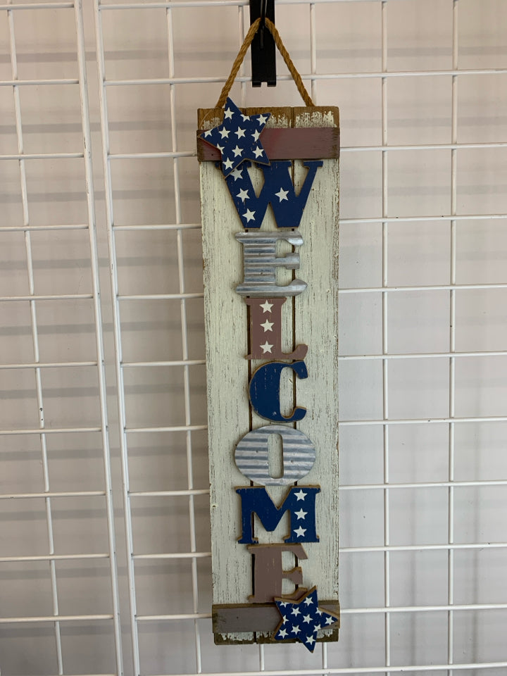 WOOD RED WHITE BLUE WELCOME HANGING.