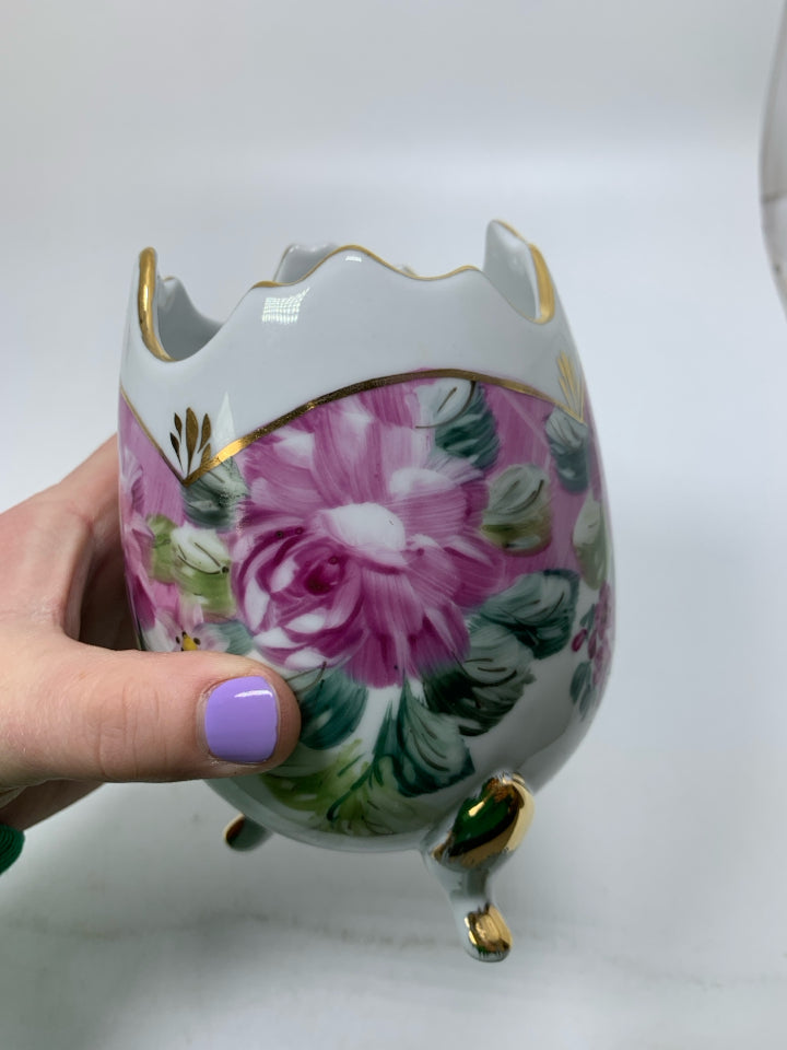PINK FLORAL FOOTED EGG SHAPED VASE UNEVEN EDGE.