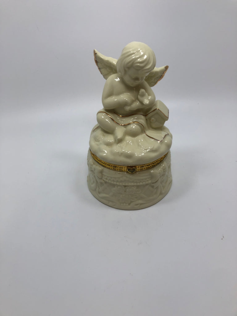 PORCELAIN ANGEL BOX W/GOLD TRIM.
