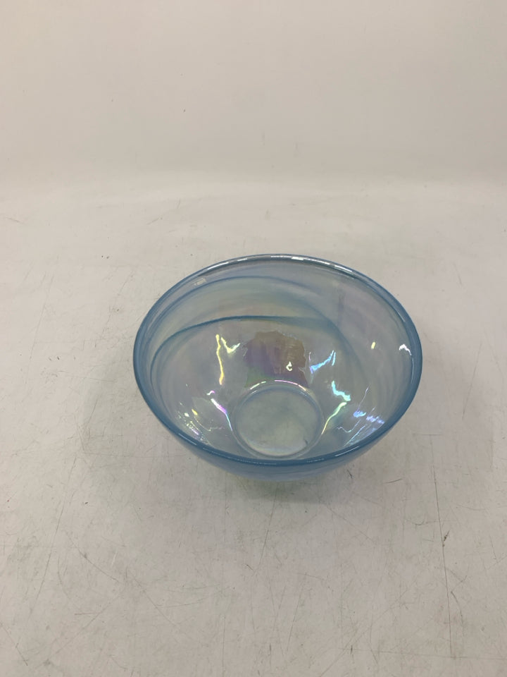 GLASS BOWL W/ LIGHT BLUE SWIRL.